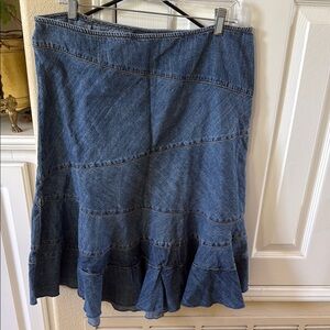 Dkny Bluejeans Midi Fit and Flare Skirt hourglass figure skirt jeans ruffles